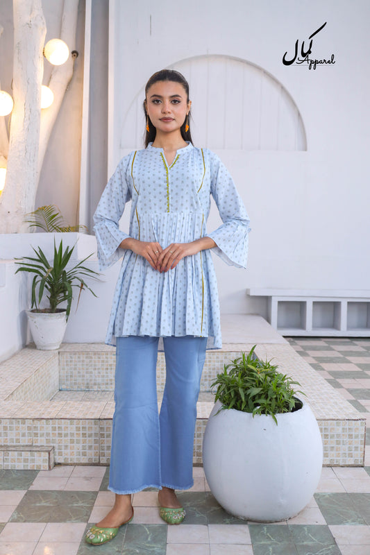 Blue Bloom | Sky Blue Cotton Kurta with Dark Floral Print & Golden Lace