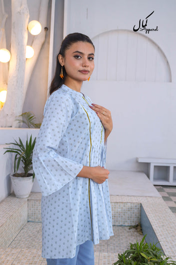 Blue Bloom | Sky Blue Cotton Kurta with Dark Floral Print & Golden Lace