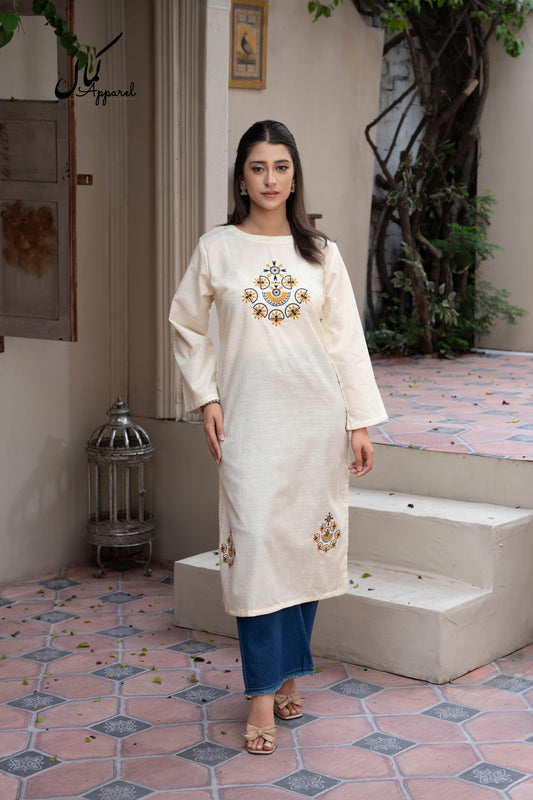 Blush Harmony | Multicolor Embroidered Cotton Kurta with Golden Dot Accents