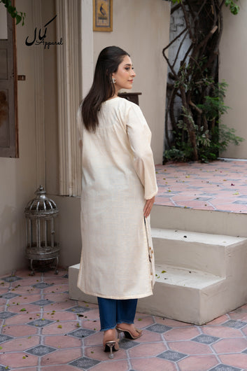 Blush Harmony | Multicolor Embroidered Cotton Kurta with Golden Dot Accents