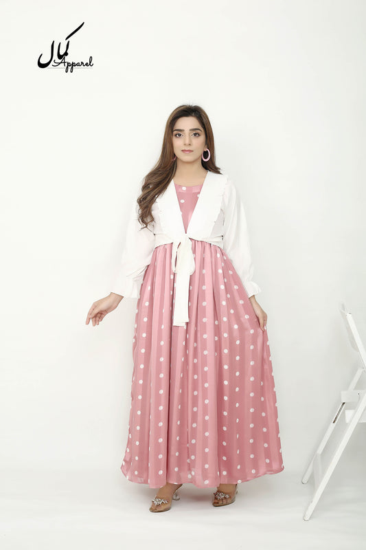 Blush Breeze | Polka Dot Chiffon Maxi with White Tie Jacket
