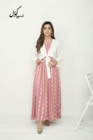 Blush Breeze | Polka Dot Chiffon Maxi with White Tie Jacket