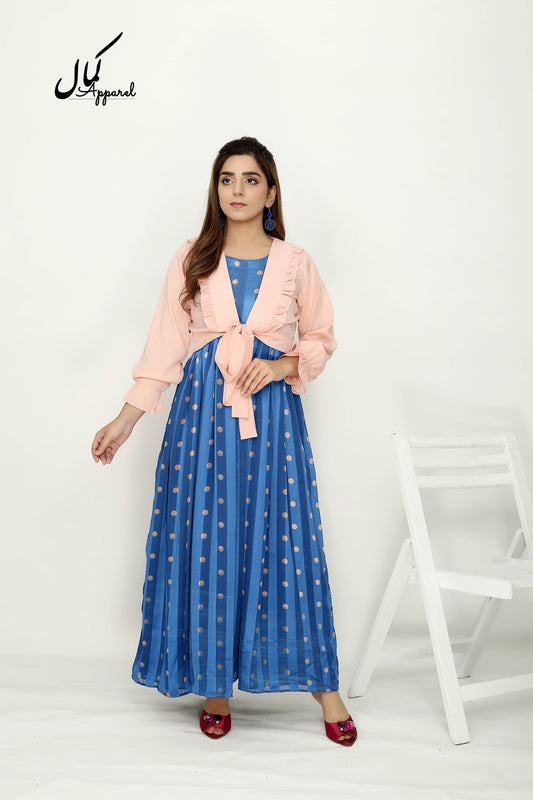 Blue Breeze | Polka Dot Chiffon Maxi with Peach Tie Jacket
