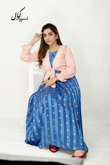 Blue Breeze | Polka Dot Chiffon Maxi with Peach Tie Jacket